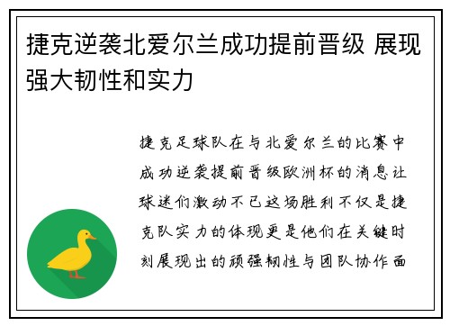 捷克逆袭北爱尔兰成功提前晋级 展现强大韧性和实力